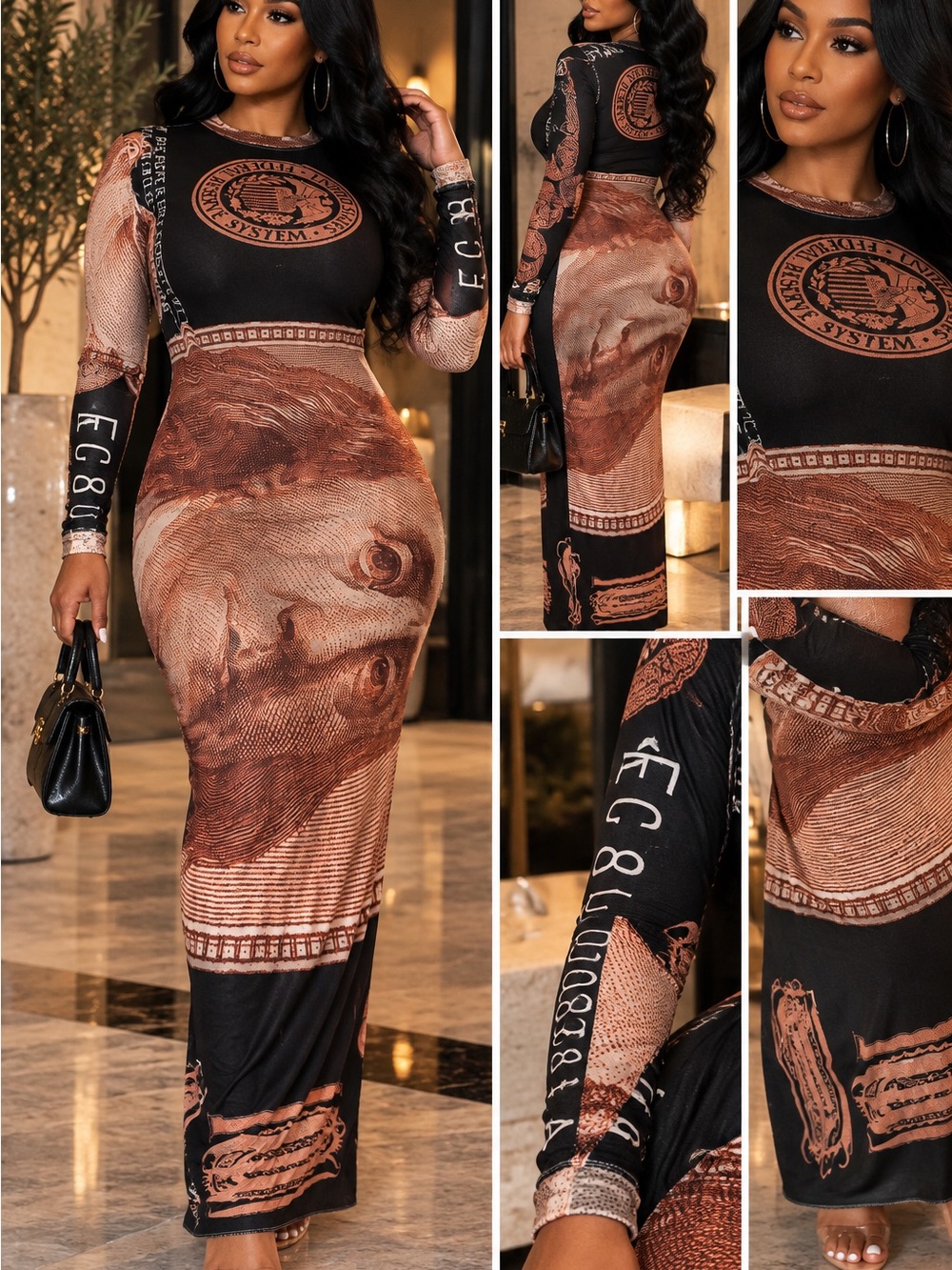 Long Sleeve Graphic Sculpted Maxi Dress in Brown and Black